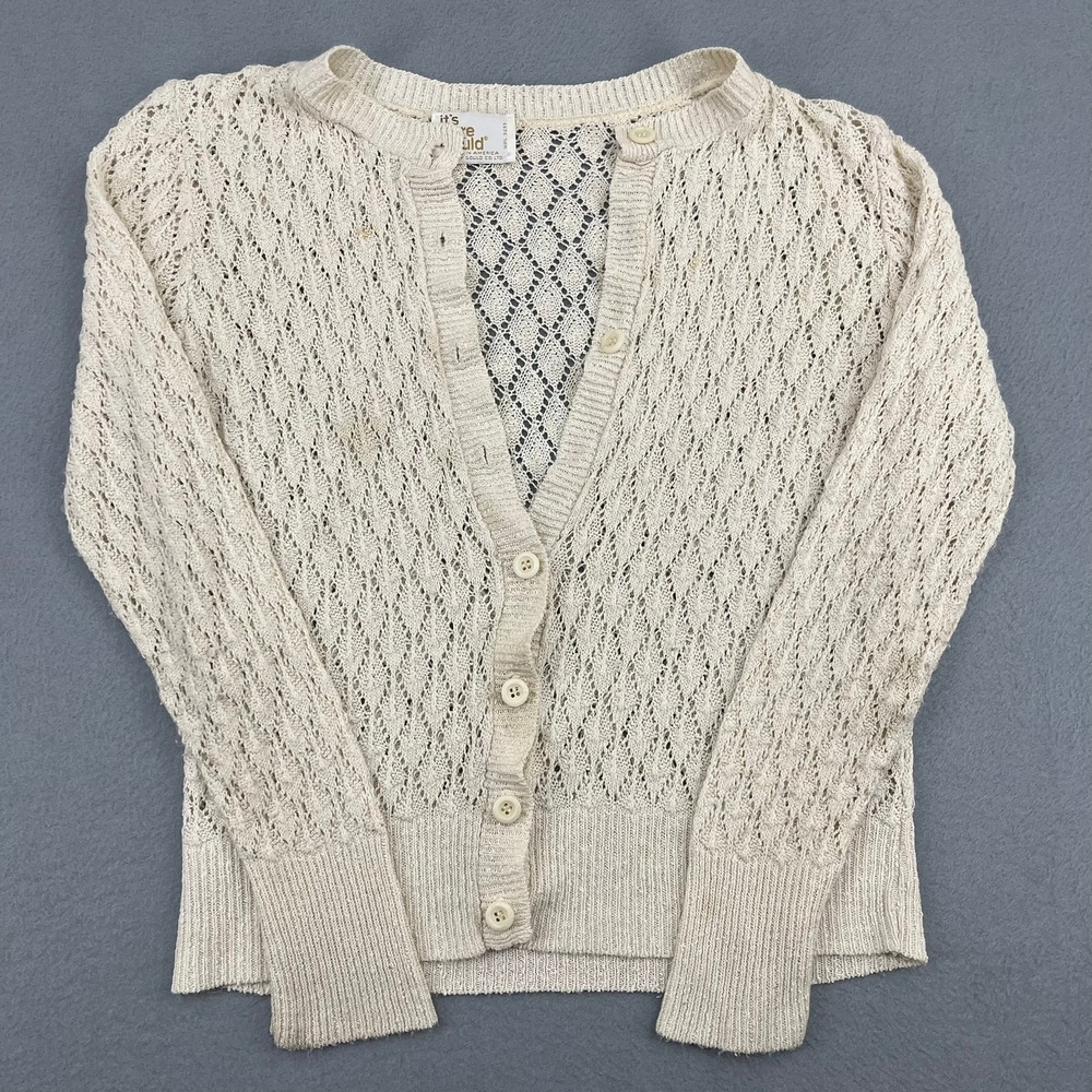 Vintage It's Pure Gould Cream Pointelle Knit Button Front Cardigan Sweater USA